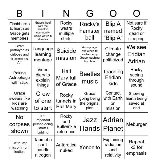 Project Hail Mary Movie Bingo Card