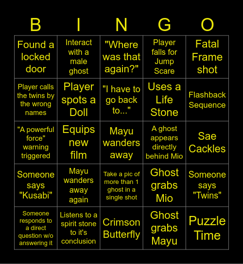 Fatal Frame 2 Bingo Card