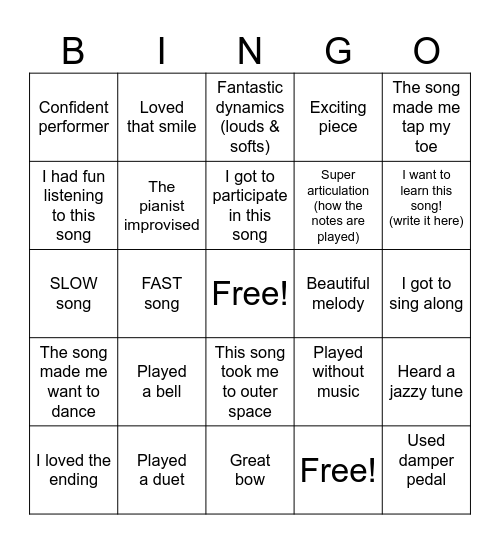 Piano Pizazz Recital Bingo Card