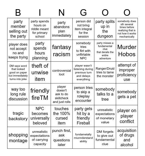 Dungeons and Dragons Bingo Card