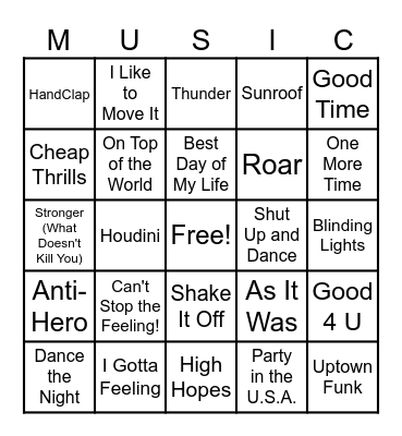 Music Bingo Round #4 - TODAY Bingo Card