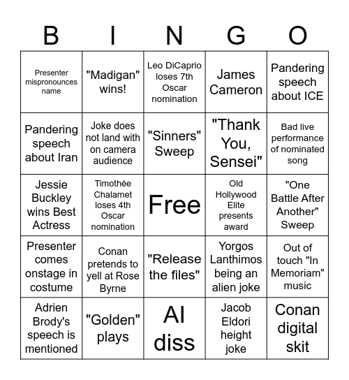 Oscars 2026 Bingo Card