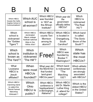 HBCU Bingo Card
