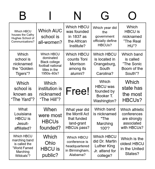 HBCU Bingo Card