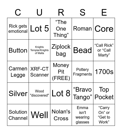 Curse of Oak Island Bingo Card