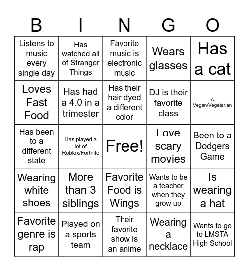 DJ Bingo Card