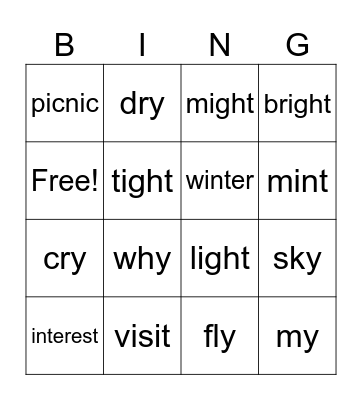 WORDS WITH LONG I AND SHORT I Bingo Card