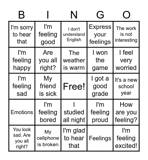 Express Your Feelings Bingo Card