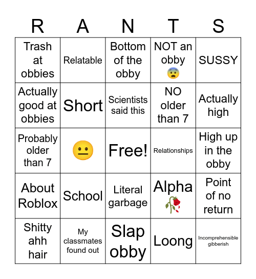 Dumb Rants of Roblox Bingo Card