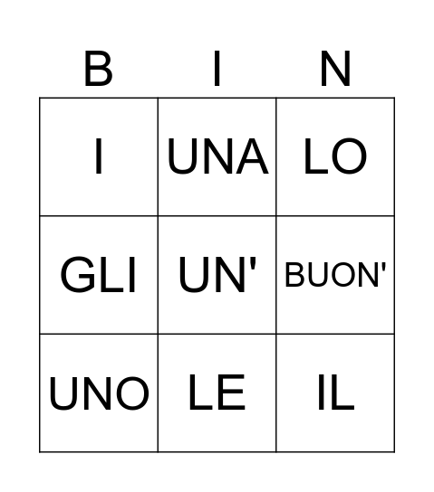 ARTICOLI Bingo Card