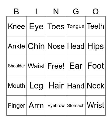 Unit 4 Health (Body Parts) Bingo Card