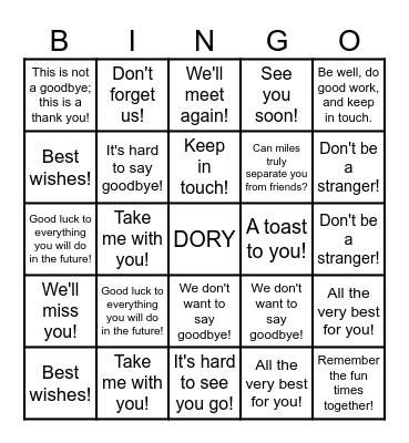 Farewell Bingo Card