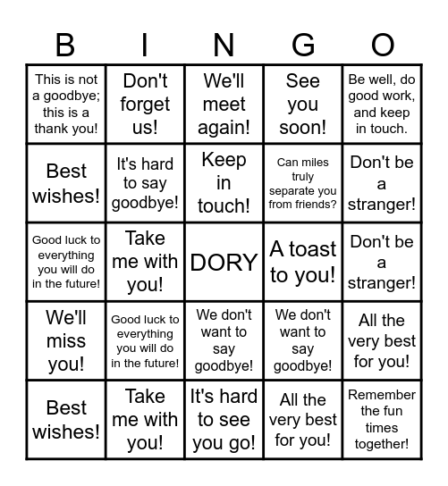 Farewell Bingo Card
