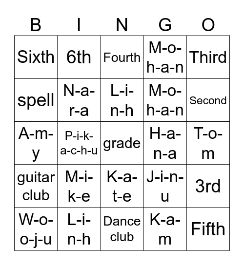 What Grade Are You In? Bingo Card