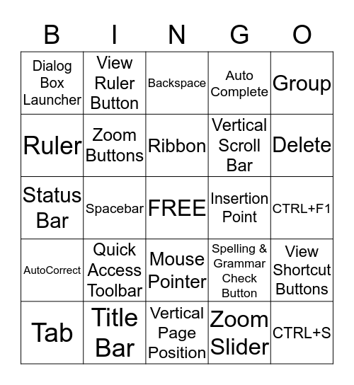 BINGO: Orient to Word Processing Bingo Card
