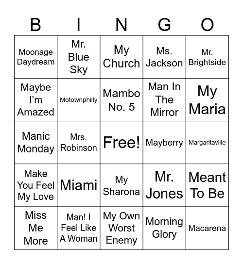 Songs That Start With “M” Bingo Card