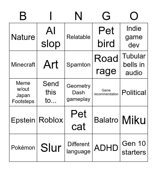 Instagram bingo Card