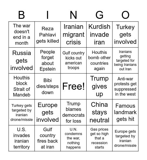 Iran-US/Isreali War 2026 Bingo Card
