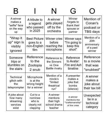 Oscars Bingo Card