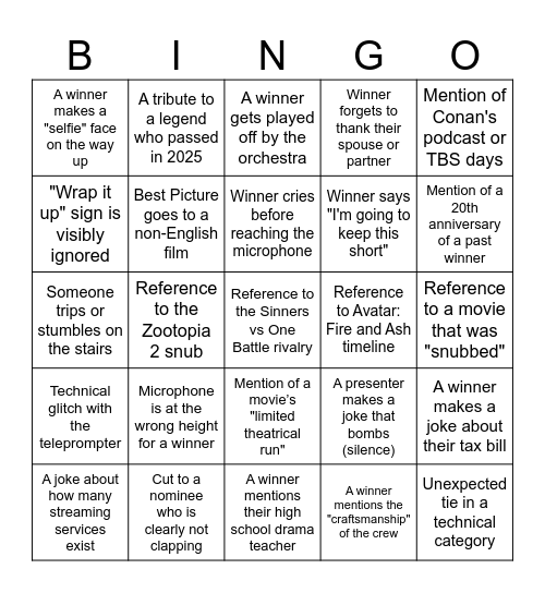 Oscars Bingo Card