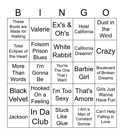 Karaoke Favorites Bingo Card