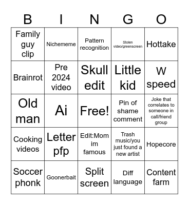 Short form content Bingo Card