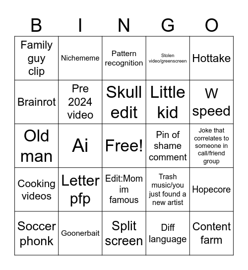 Short form content Bingo Card