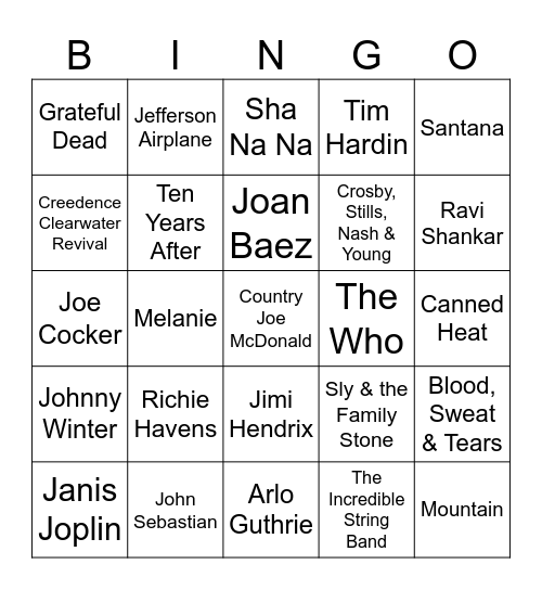Woodstock Bands Bingo Card