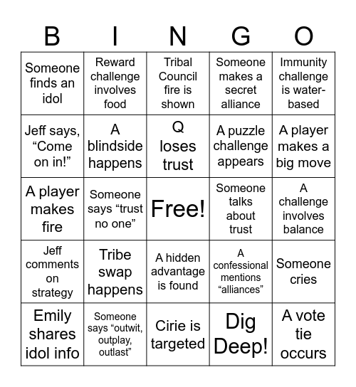 Survivor 50 Bingo Card