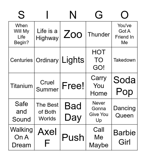 Boys & Girls Club Singo #3 Bingo Card