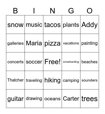 Mr. Wood's Favorite Things Bingo Card