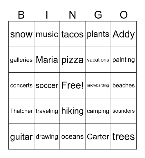 Mr. Wood's Favorite Things Bingo Card