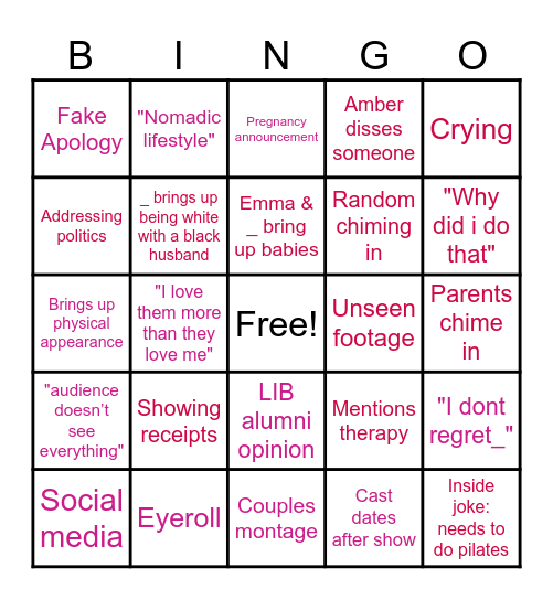 Love is Blind- ReUnion Bingo Card