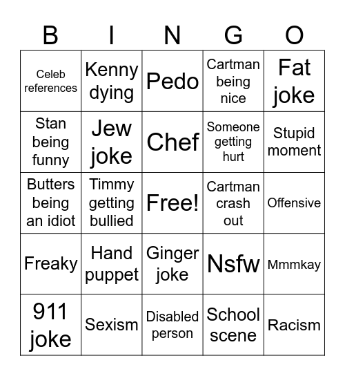 South Park Bingo Card