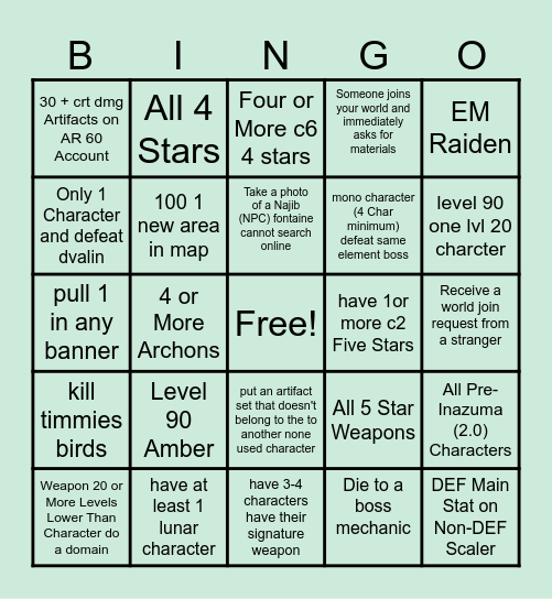 Random Genshin Account Reviews Bingo Card