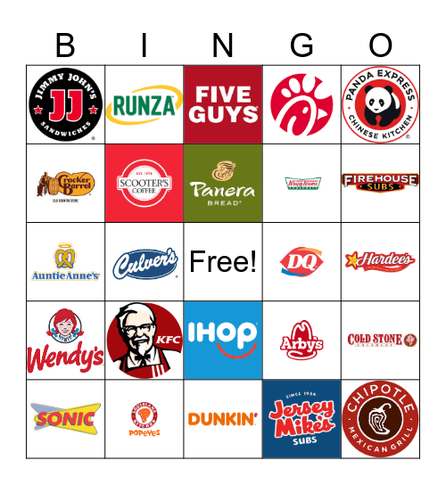 Fast Food Bingo Card