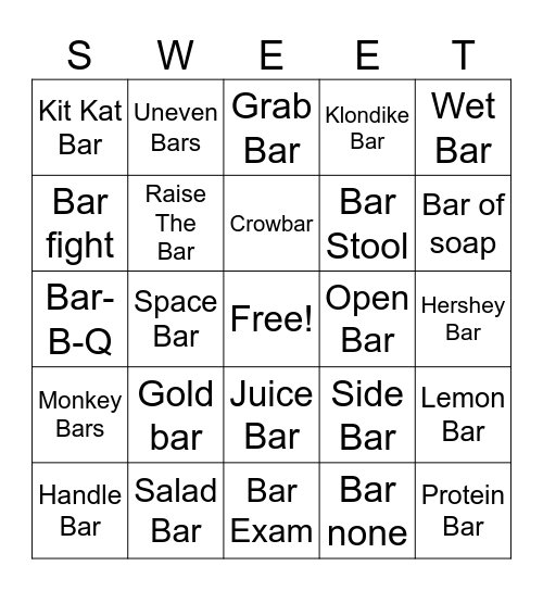 Bar Bazaar Bingo Card