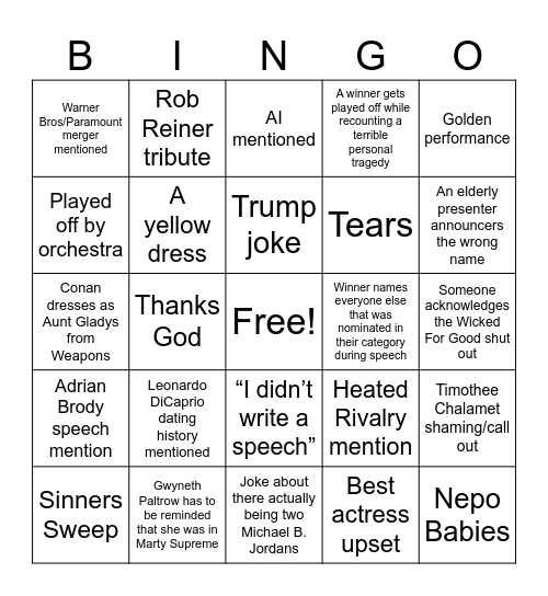 Oscars Bingo Card