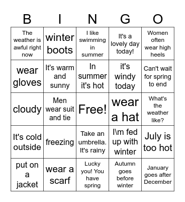 Weather, seasons and clothes Bingo Card