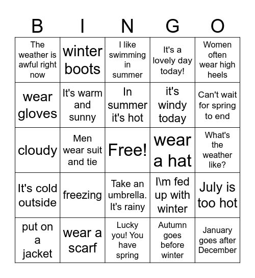 Weather, seasons and clothes Bingo Card
