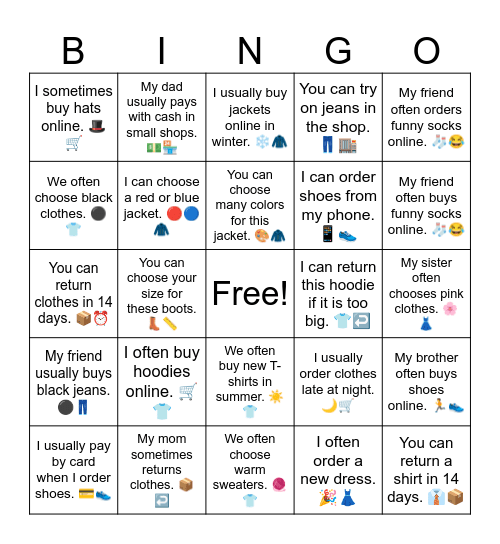 You can and you can't Bingo Card