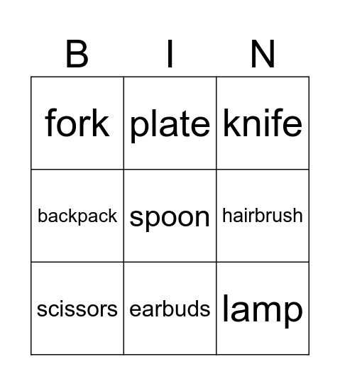 Useful objects Bingo Card