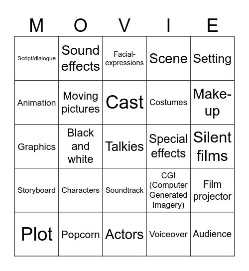 Movie vocabulary Bingo Card
