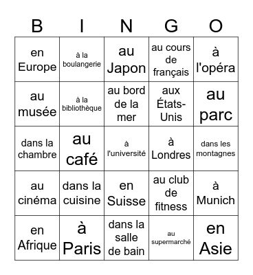 Le pronom "y" Bingo Card