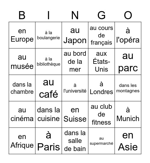 Le pronom "y" Bingo Card