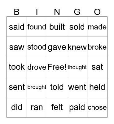 Irregular Verbs Bingo Card