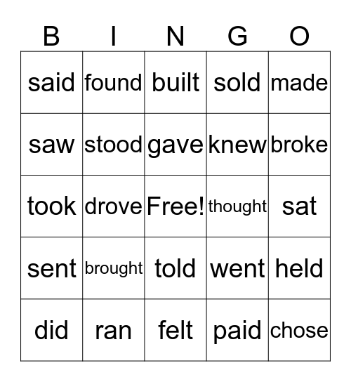 Irregular Verbs Bingo Card