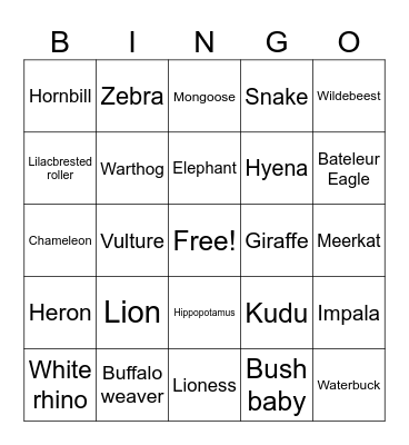 Animal Spotting Bingo Card