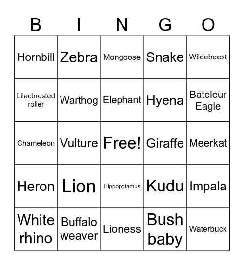 Animal Spotting Bingo Card