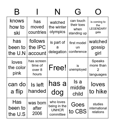 UNHCR Bingo Card